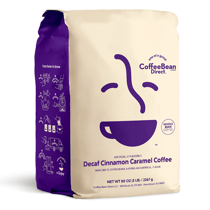 Coffee Bean Direct Decaf Cinnamon Caramel flavored coffee 5-lb bag