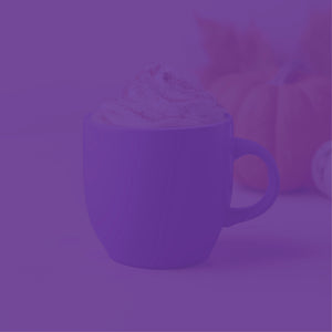 Pumpkin Spice Latte featured mobile hero -- pumpkin spice latte in purple mug surrounded by pumpkins and coffee beans