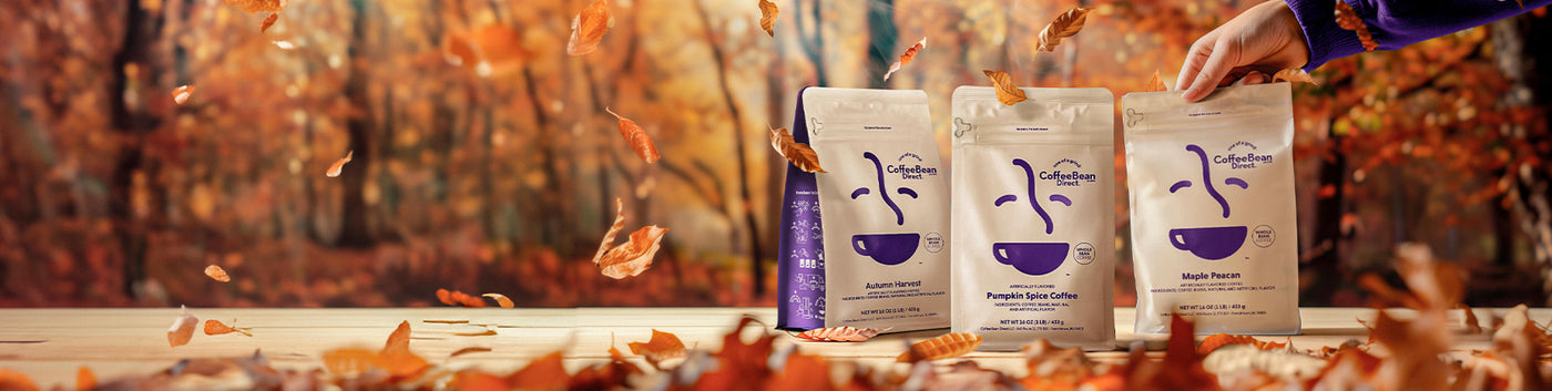 Fall Bundles featured hero -- various Coffee Bean Direct 1lb coffee bags with leaves falling in an Autumn background 